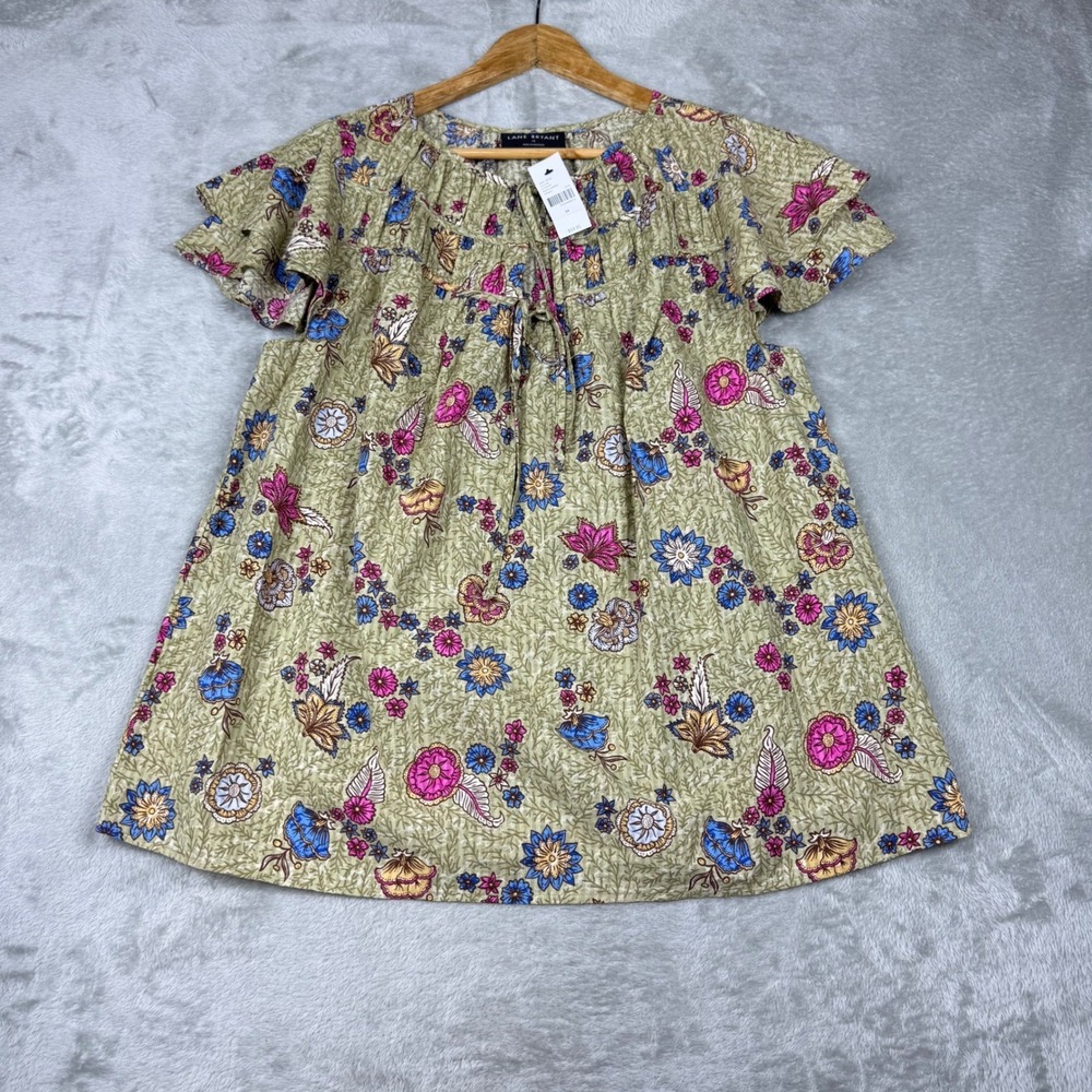 Lane Bryant double tie neck blouse sz 14 ruffle sleeves Floral Cotton Boho NWT